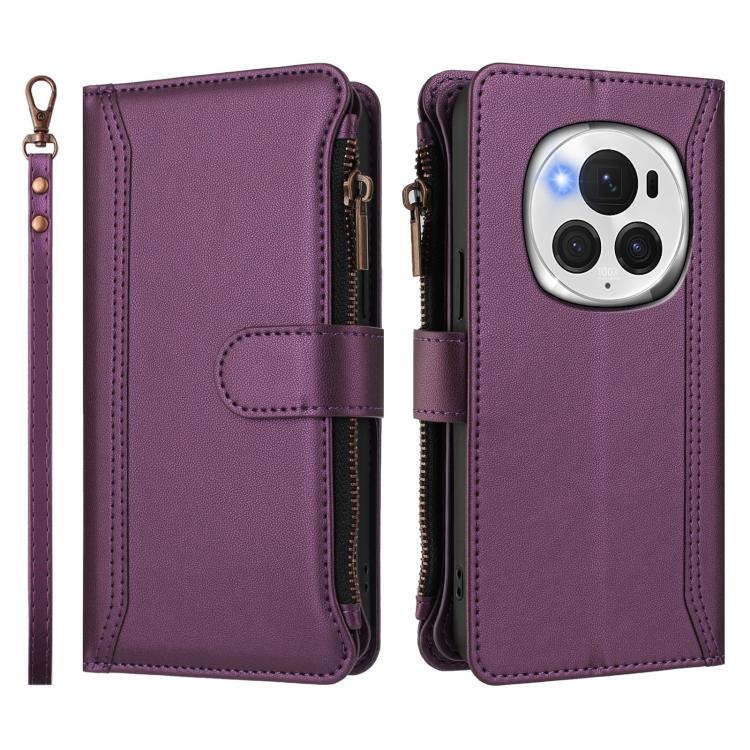 For Honor Magic6 Pro 5G Global Magnetic Closure 9 Card Slots Zipper Leather Case with Hand Strap