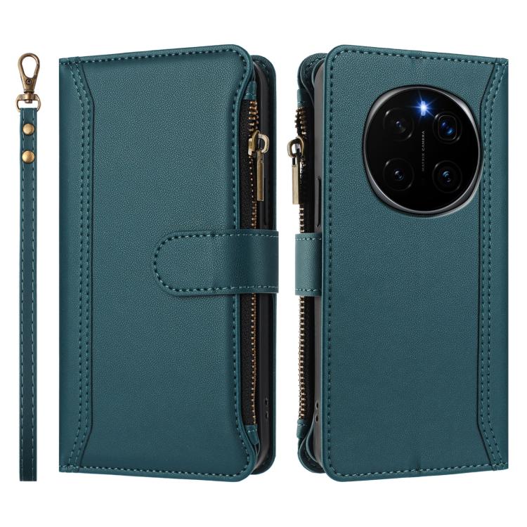 For Honor Magic7 5G Magnetic Closure 9 Card Slots Zipper Leather Case with Hand Strap
