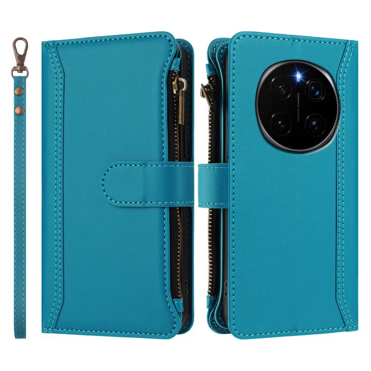 For Honor Magic7 Pro 5G Magnetic Closure 9 Card Slots Zipper Leather Case with Hand Strap