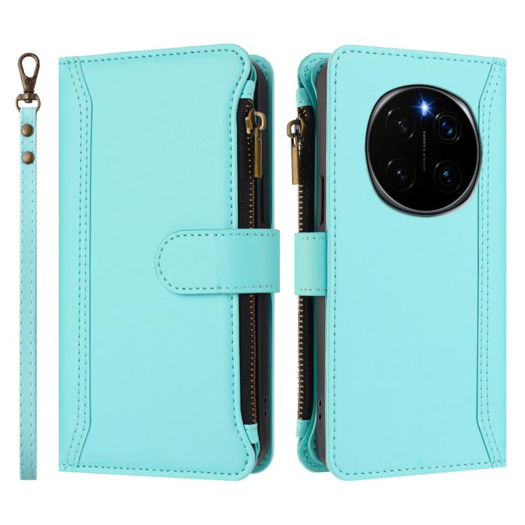 For Honor Magic7 Pro 5G Magnetic Closure 9 Card Slots Zipper Leather Case with Hand Strap