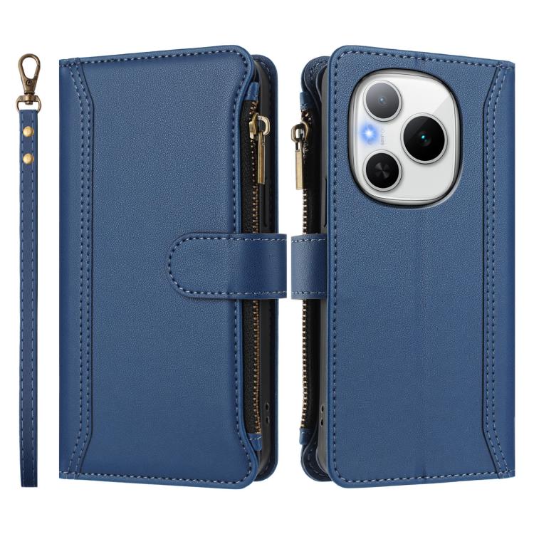 For Honor Power 5G Magnetic Closure 9 Card Slots Zipper Leather Case with Hand Strap