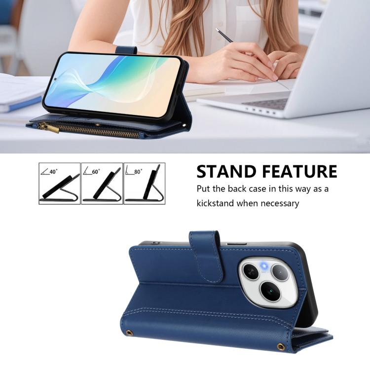 For Honor Power 5G Magnetic Closure 9 Card Slots Zipper Leather Case with Hand Strap