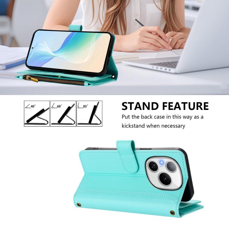 For Honor Power 5G Magnetic Closure 9 Card Slots Zipper Leather Case with Hand Strap