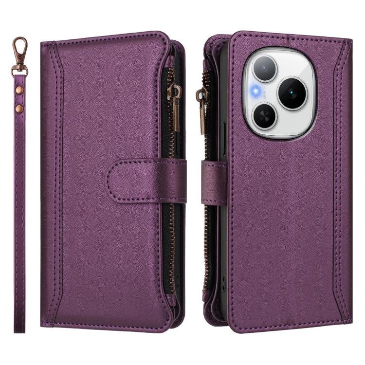 For Honor Power 5G Magnetic Closure 9 Card Slots Zipper Leather Case with Hand Strap