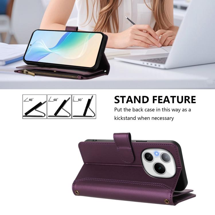 For Honor Power 5G Magnetic Closure 9 Card Slots Zipper Leather Case with Hand Strap