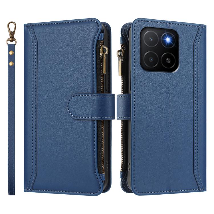 For Honor X5b 4G Global Magnetic Closure 9 Card Slots Zipper Leather Case with Hand Strap
