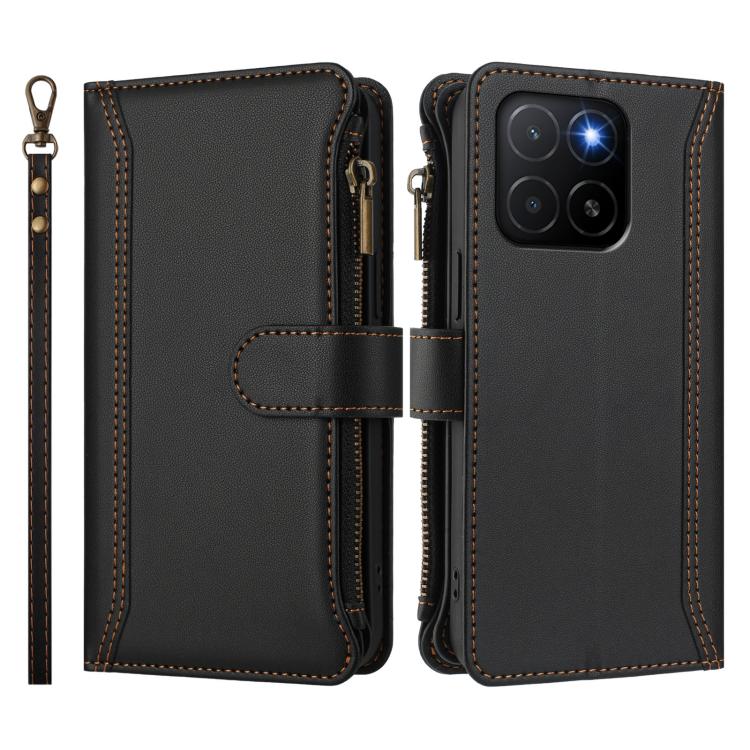 For Honor X5b 4G Global Magnetic Closure 9 Card Slots Zipper Leather Case with Hand Strap