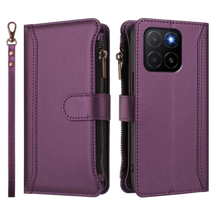 For Honor X5b 4G Global Magnetic Closure 9 Card Slots Zipper Leather Case with Hand Strap