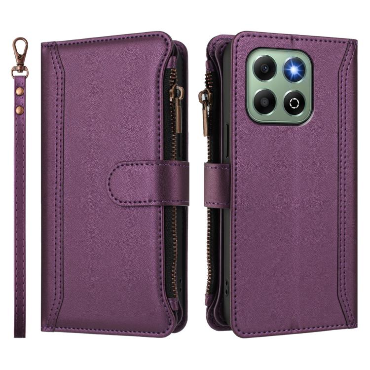 For Honor X6b 4G Global / X6a 4G Magnetic Closure 9 Card Slots Zipper Leather Case with Hand Strap
