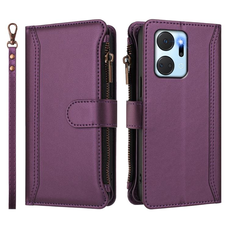 For Honor X7a 4G / Play7T 5G Magnetic Closure 9 Card Slots Zipper Leather Case with Hand Strap