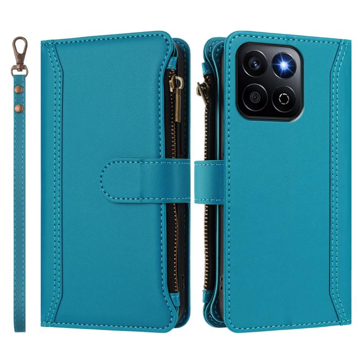 For Honor X7c 4G Global Magnetic Closure 9 Card Slots Zipper Leather Case with Hand Strap