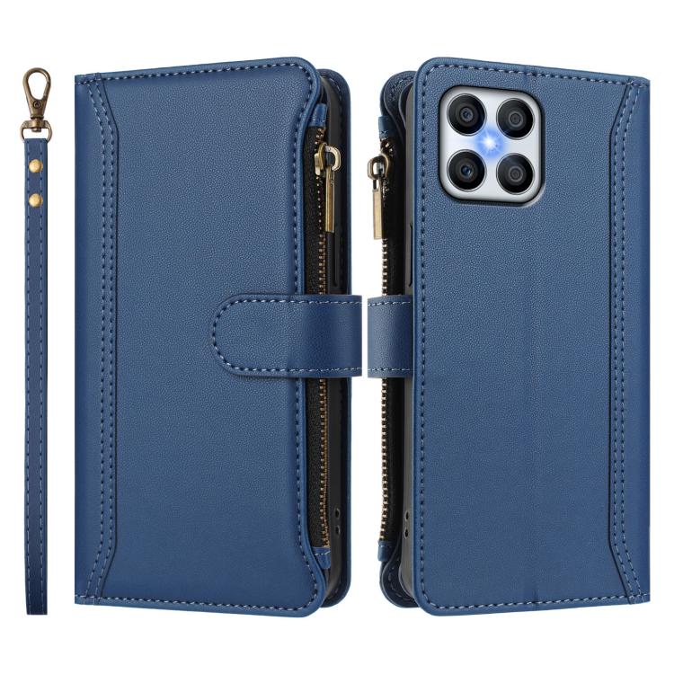For Honor X8 4G / X30i 5G Magnetic Closure 9 Card Slots Zipper Leather Case with Hand Strap