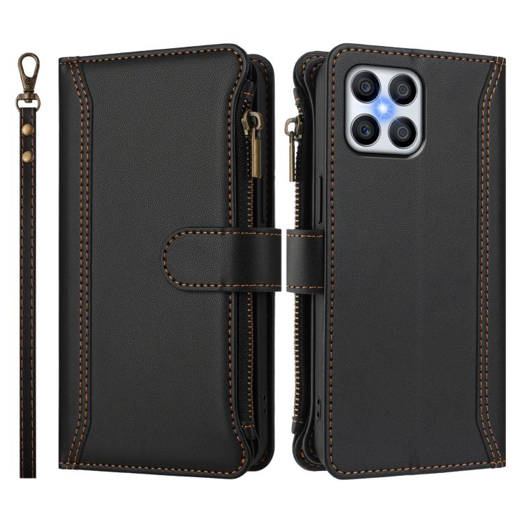 For Honor X8 4G / X30i 5G Magnetic Closure 9 Card Slots Zipper Leather Case with Hand Strap