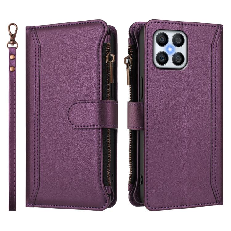 For Honor X8 5G Global Magnetic Closure 9 Card Slots Zipper Leather Case with Hand Strap