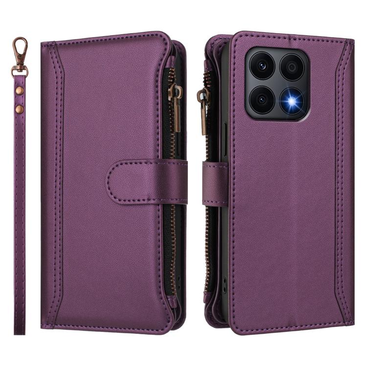 For Honor X8a 5G Global Magnetic Closure 9 Card Slots Zipper Leather Case with Hand Strap