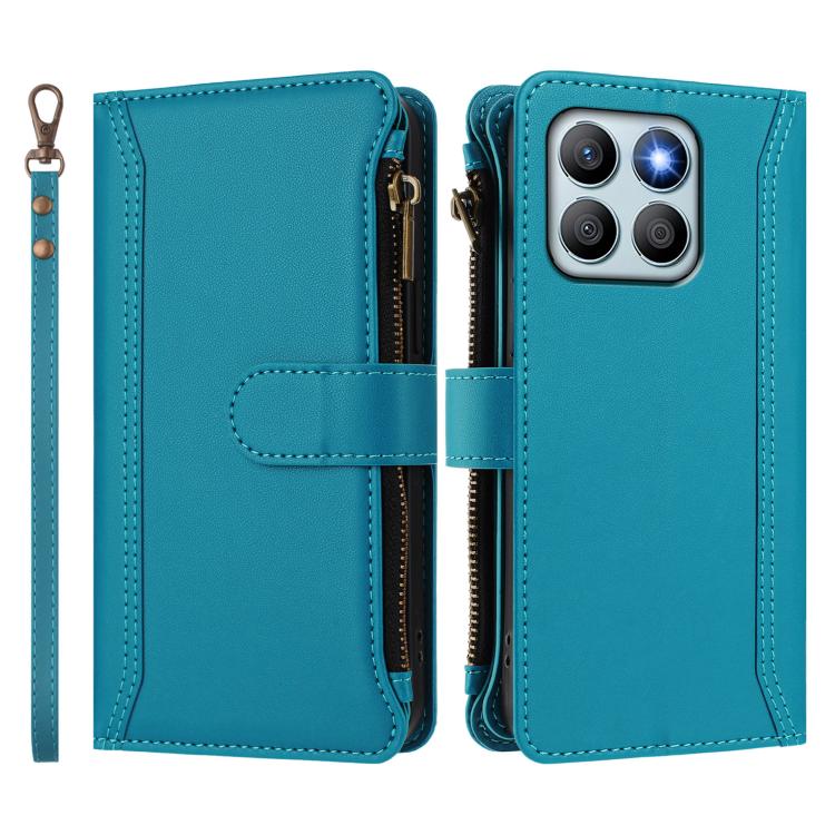 For Honor X8b 4G Global Magnetic Closure 9 Card Slots Zipper Leather Case with Hand Strap