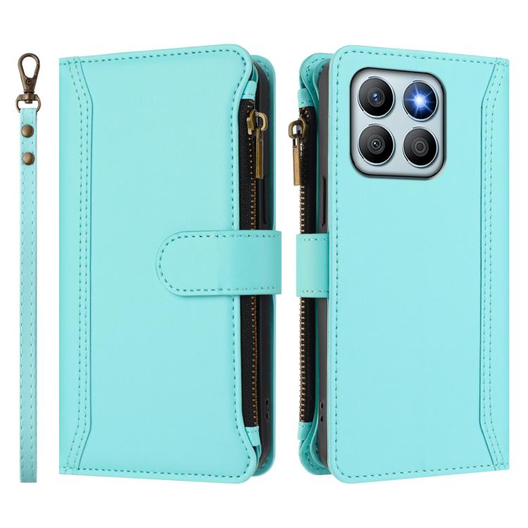 For Honor X8b 4G Global Magnetic Closure 9 Card Slots Zipper Leather Case with Hand Strap