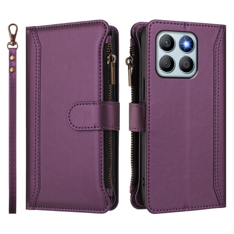 For Honor X8b 4G Global Magnetic Closure 9 Card Slots Zipper Leather Case with Hand Strap