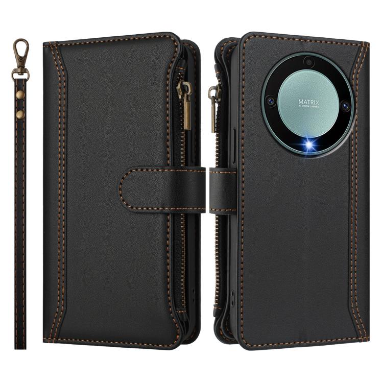 For Honor X9a 5G / Magic5 Lite Magnetic Closure 9 Card Slots Zipper Leather Case with Hand Strap