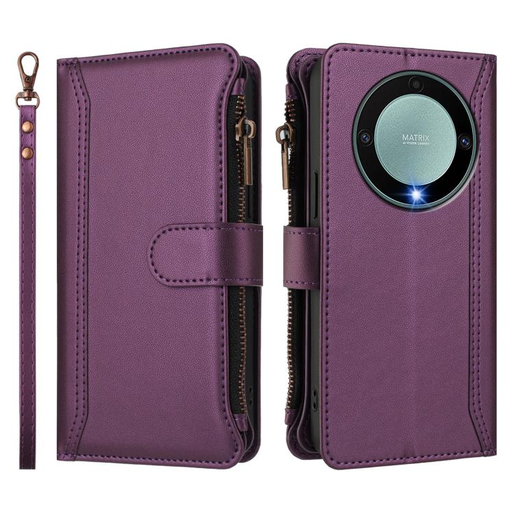 For Honor X9a 5G / Magic5 Lite Magnetic Closure 9 Card Slots Zipper Leather Case with Hand Strap