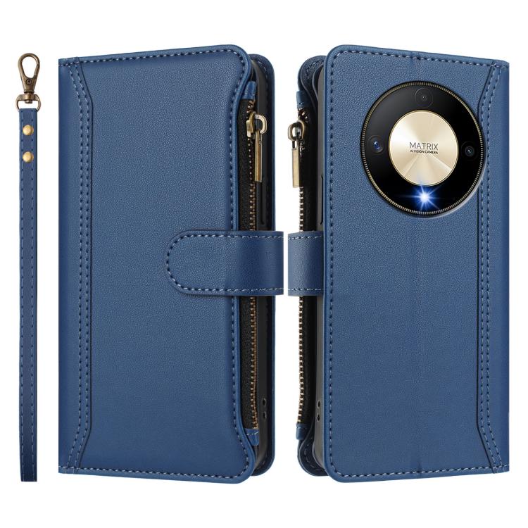 For Honor X9b 5G Global Magnetic Closure 9 Card Slots Zipper Leather Case with Hand Strap
