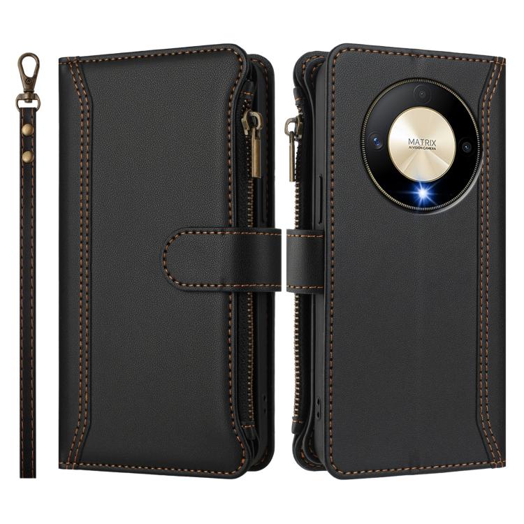 For Honor X9b 5G Global Magnetic Closure 9 Card Slots Zipper Leather Case with Hand Strap