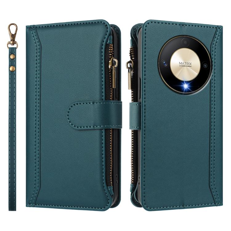 For Honor X9b 5G Global Magnetic Closure 9 Card Slots Zipper Leather Case with Hand Strap