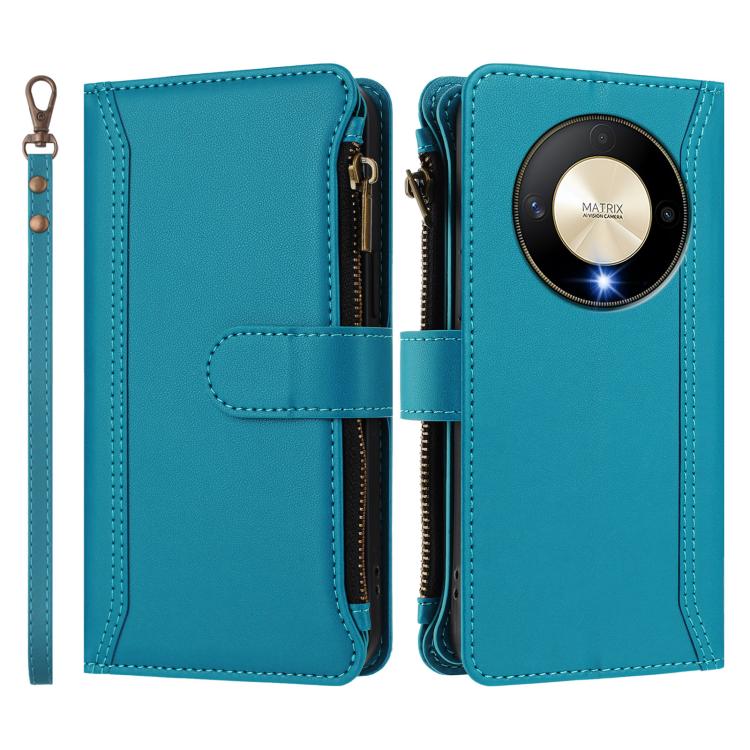 For Honor X9b 5G Global Magnetic Closure 9 Card Slots Zipper Leather Case with Hand Strap