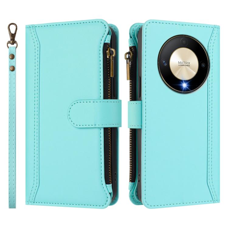 For Honor X9b 5G Global Magnetic Closure 9 Card Slots Zipper Leather Case with Hand Strap