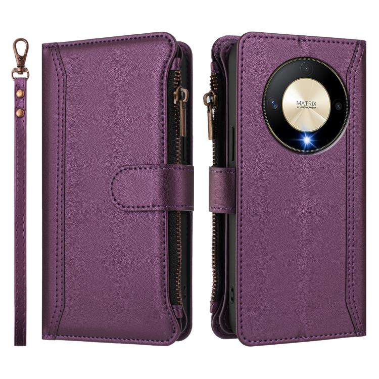 For Honor X9b 5G Global Magnetic Closure 9 Card Slots Zipper Leather Case with Hand Strap