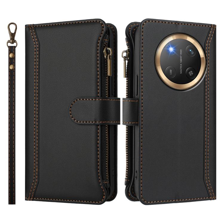 For Honor X9c 5G Global Magnetic Closure 9 Card Slots Zipper Leather Case with Hand Strap