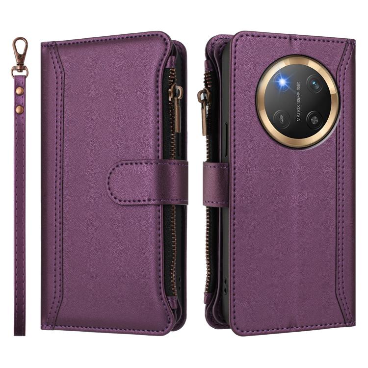 For Honor X9c 5G Global Magnetic Closure 9 Card Slots Zipper Leather Case with Hand Strap