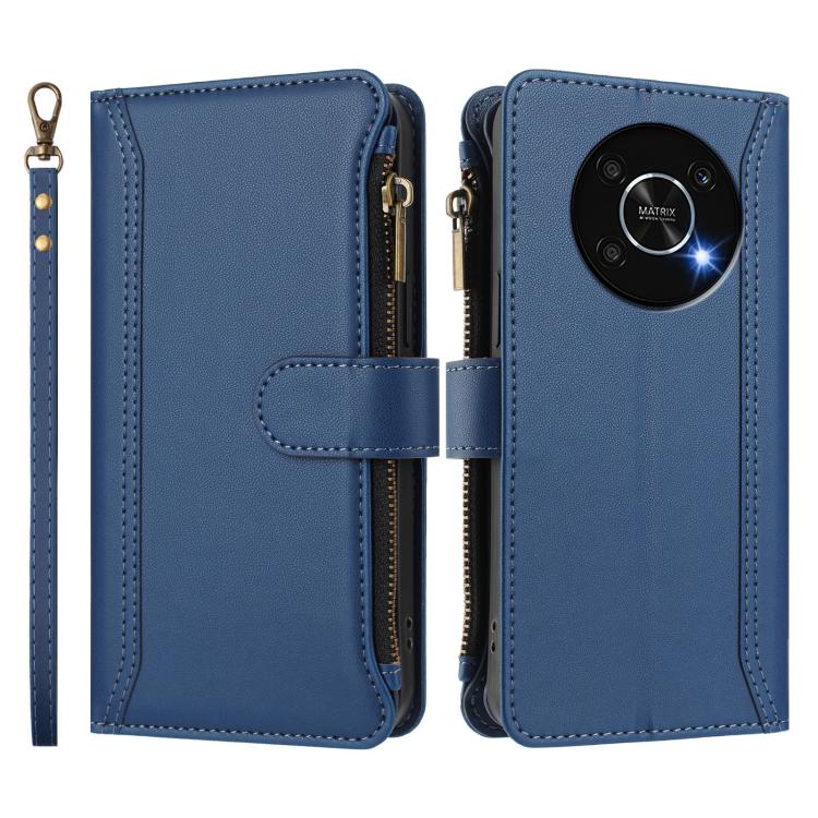 For Honor X30 5G / X9 5G / X9 4G Magnetic Closure 9 Card Slots Zipper Leather Case with Hand Strap