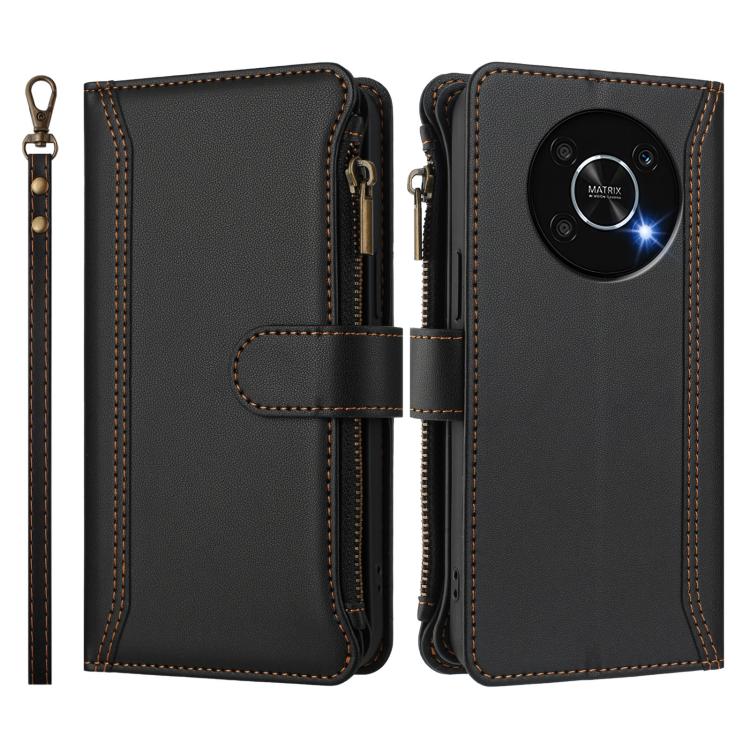 For Honor X30 5G / X9 5G / X9 4G Magnetic Closure 9 Card Slots Zipper Leather Case with Hand Strap