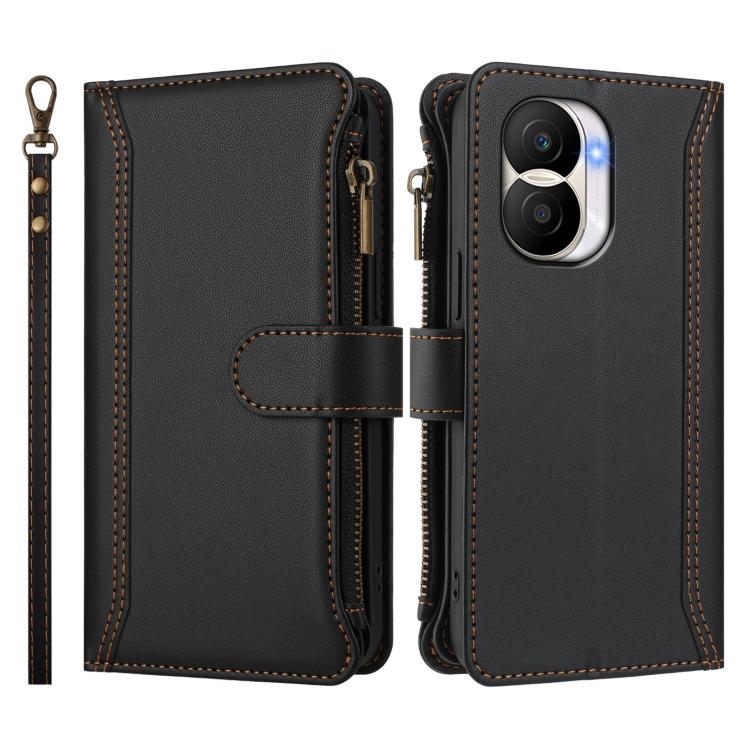 For Honor X40i 5G Magnetic Closure 9 Card Slots Zipper Leather Case with Hand Strap