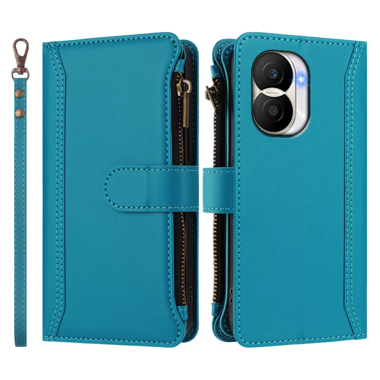 For Honor X40i 5G Magnetic Closure 9 Card Slots Zipper Leather Case with Hand Strap