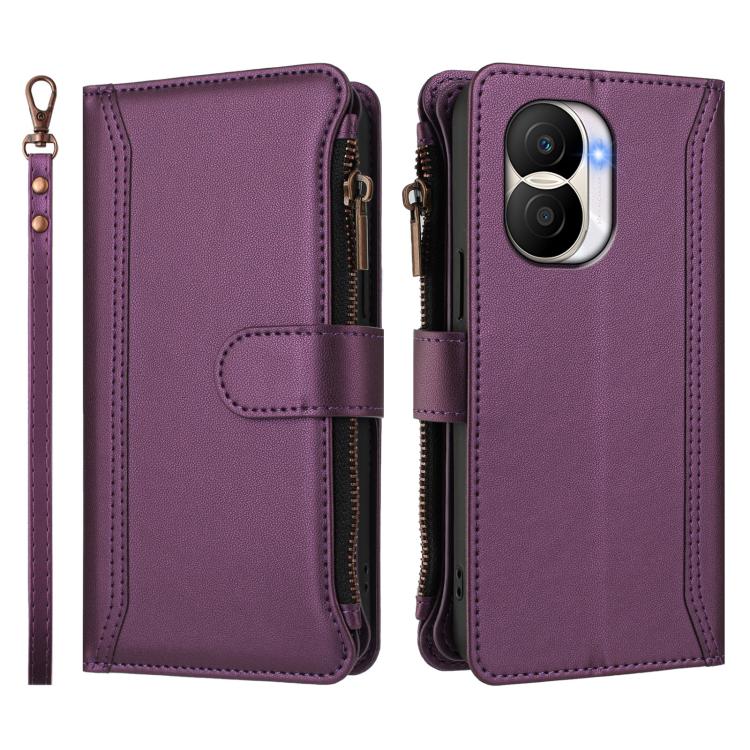For Honor X40i 5G Magnetic Closure 9 Card Slots Zipper Leather Case with Hand Strap