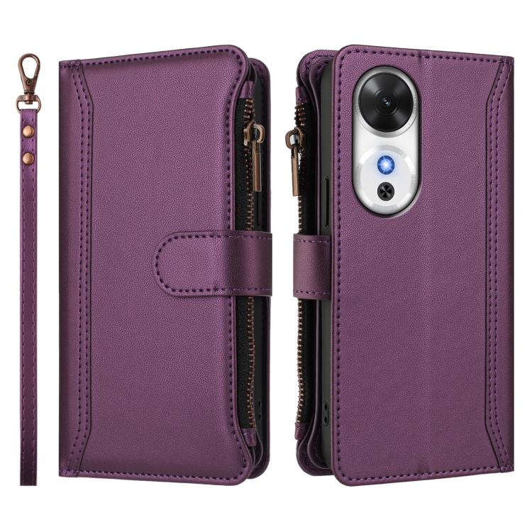 For Honor Play 60 5G Magnetic Closure 9 Card Slots Zipper Leather Case with Hand Strap