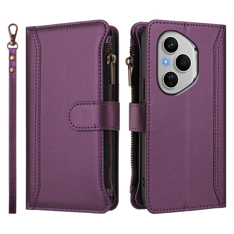 For Honor 400 Pro Global 160.8mm Magnetic Closure 9 Card Slots Zipper Leather Case with Hand Strap