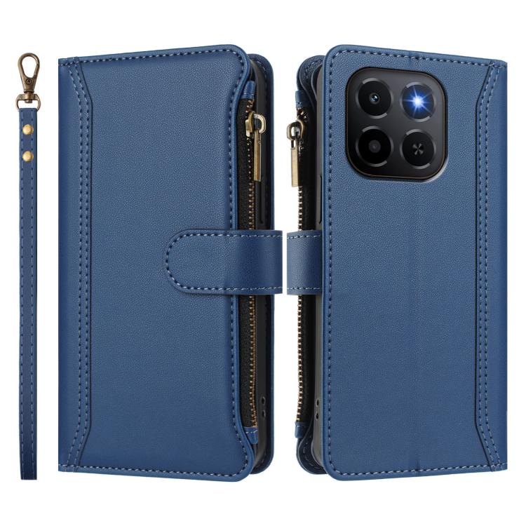 For Honor X6c 4G Magnetic Closure 9 Card Slots Zipper Leather Case with Hand Strap