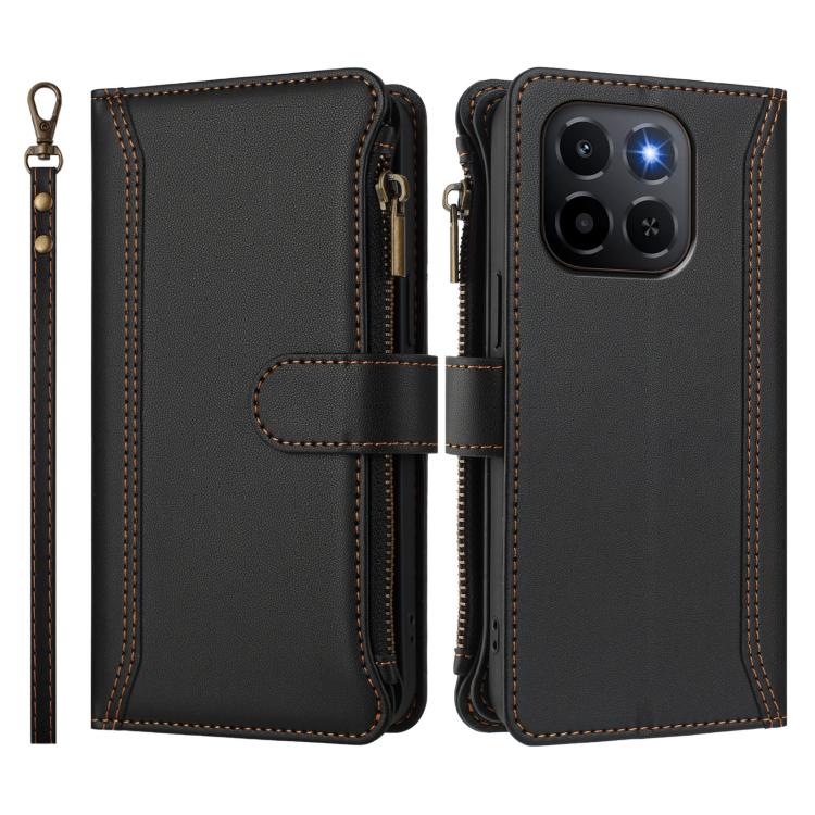 For Honor X6c 4G Magnetic Closure 9 Card Slots Zipper Leather Case with Hand Strap
