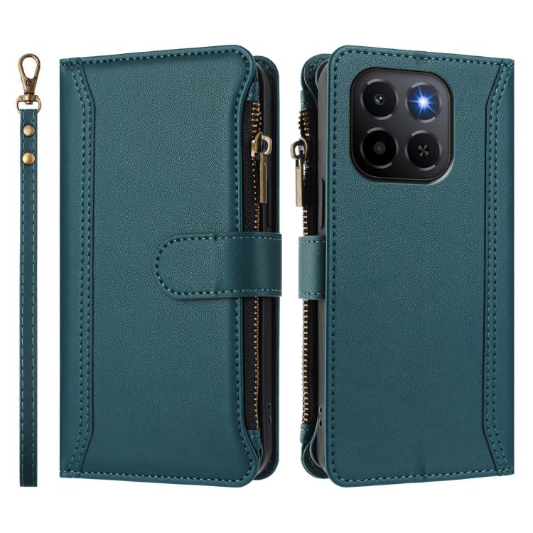 For Honor X6c 4G Magnetic Closure 9 Card Slots Zipper Leather Case with Hand Strap