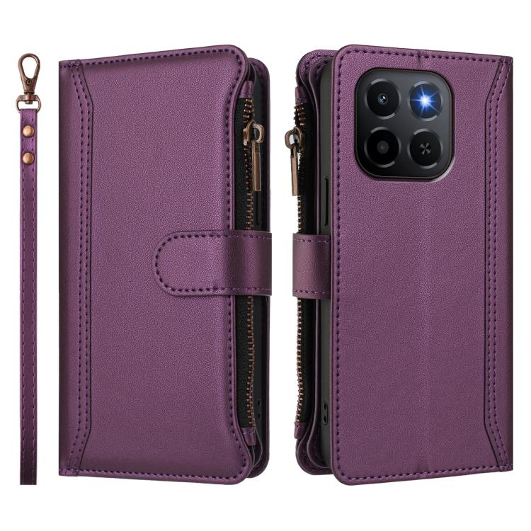 For Honor X6c 4G Magnetic Closure 9 Card Slots Zipper Leather Case with Hand Strap