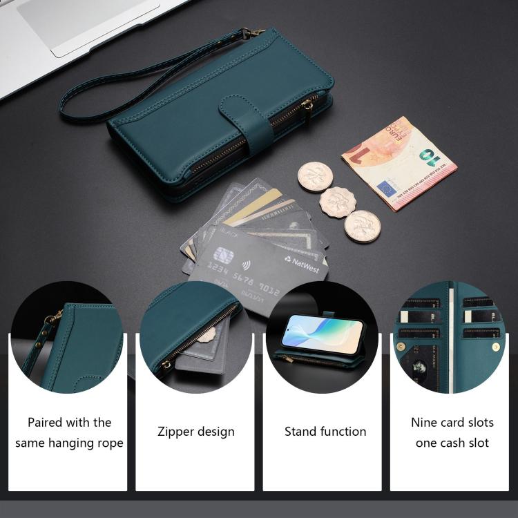 For Honor X5c Plus Magnetic Closure 9 Card Slots Zipper Leather Case with Hand Strap