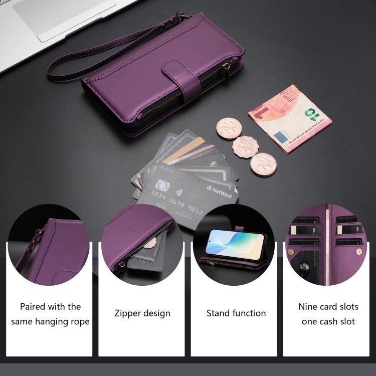 For Honor X5c Plus Magnetic Closure 9 Card Slots Zipper Leather Case with Hand Strap