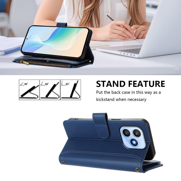 For Honor X8d 4G Global Magnetic Closure 9 Card Slots Zipper Leather Case with Hand Strap