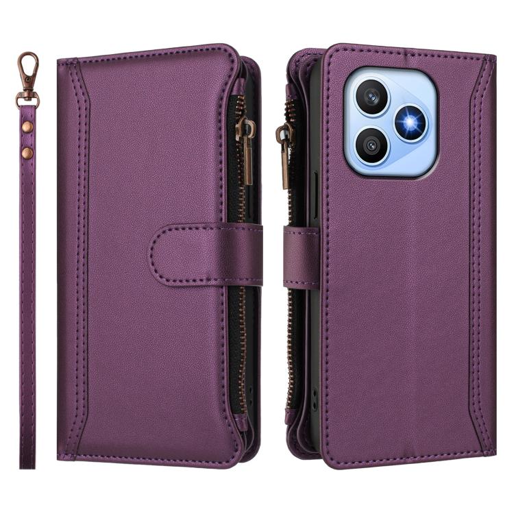 For Honor X8d 4G Global Magnetic Closure 9 Card Slots Zipper Leather Case with Hand Strap