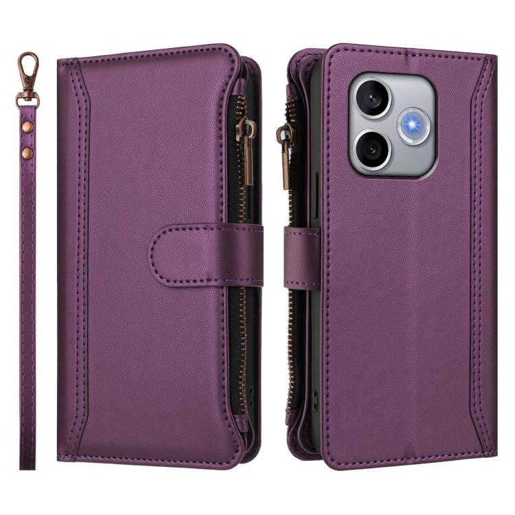 For Honor 600 Lite Global Magnetic Closure 9 Card Slots Zipper Leather Case with Hand Strap