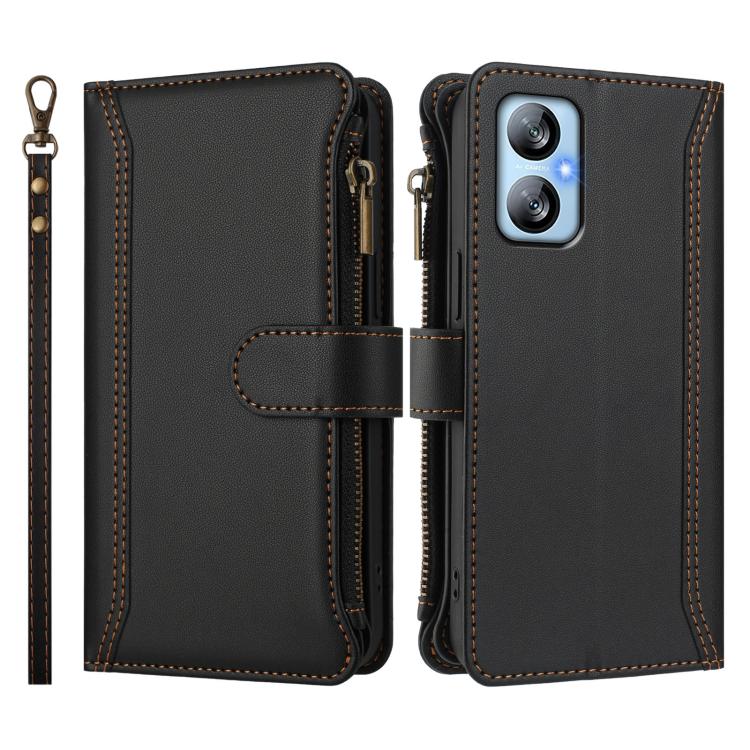 For Blackview A52 / A52 Pro Magnetic Closure 9 Card Slots Zipper Leather Case with Hand Strap