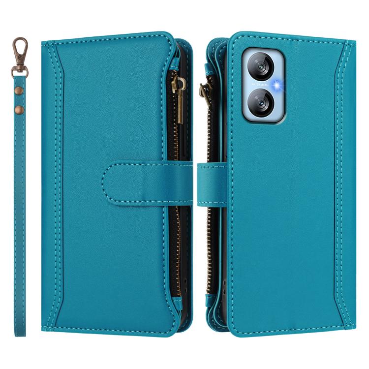 For Blackview A52 / A52 Pro Magnetic Closure 9 Card Slots Zipper Leather Case with Hand Strap